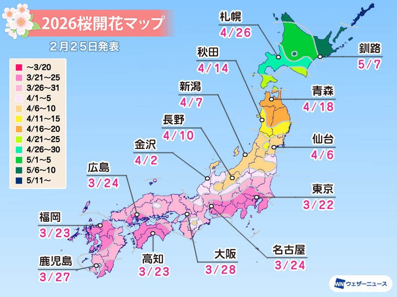 暖冬の影響は？「桜の開花予想2026」
